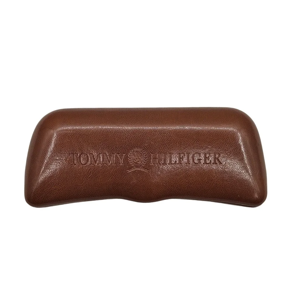 Tommy Hilfiger Brown Faux Leather Hard Eyeglass Case Navy Blue Velvet Lining